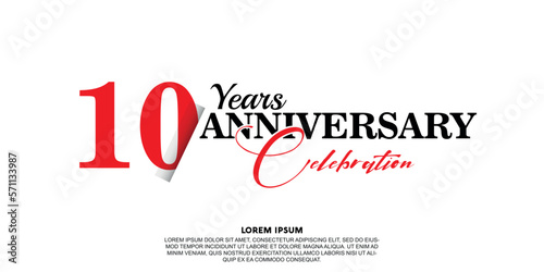 10 year anniversary celebration logo vector design with red and black color on white background abstract 