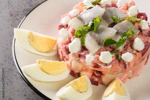 Portion of scandinavian vegetable salad with herring, beetroot, apple, potato and onion close-up in a plate on the table. Horizontal