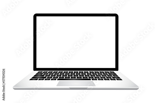 Realistic perspective front laptop with keyboard isolated incline 90 degree. Computer notebook with empty screen template. Front view of mobile computer with keypad backdrop. Digital equipment
