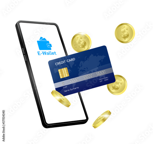 Mobile smartphone, credit card and wallet with money. Online payment, digital e-payment concept. Internet banking. File PNG 3D.