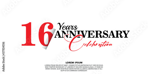 16 year anniversary celebration logo vector design with red and black color on white background abstract 