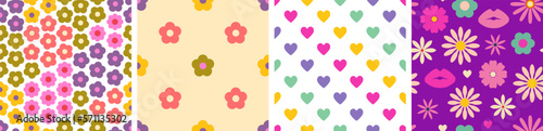 70s retro groovy flowers. Set of retro hippie seamless patterns, Y2k, 1970 good vibes, trippy. Digital paper