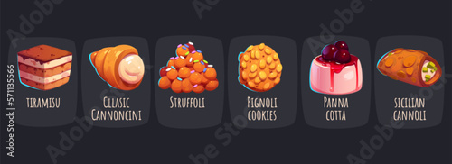 Set of delicious Italian desserts isolated on black background. Vector cartoon illustration of sweet cookies, pastry with cream, pies, tiramisu, panna cotta. Traditional bakery cafe menu in Italy