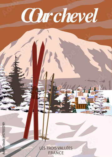 Vintage Travel poster Ski Courchevel resort. France winter landscape travel card