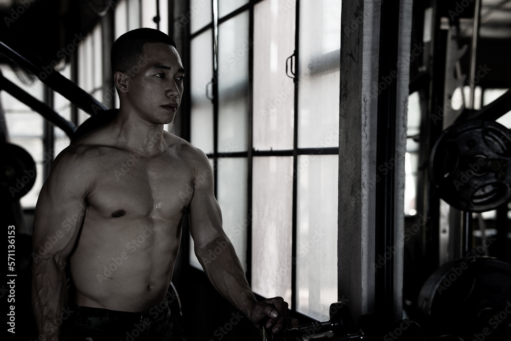 Sexy body of muscular young Asian man in gym. Concept of health care, exercise fitness, Strong muscle mass, body enhancement, fat reduction for men's health supplement product presentation. Sexy body of muscular young Asian man in gym. Concept of health care, exercise fitness, Strong muscle mass, body enhancement, fat reduction for men's health supplement product presentation.