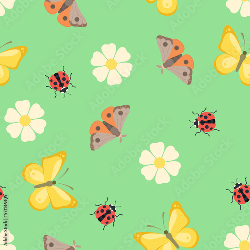 Seamless pattern with butterflies, moths, ladybugs and daisies on a green background. Spring vector cartoon illustration. © Iv85