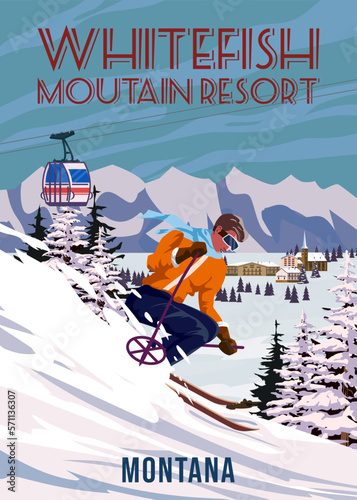 Travel poster Ski Whitefish resort vintage. America winter landscape travel card photo