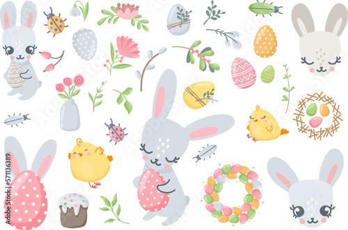 Cute vector easter set. Multicolored eggs, plants, rabbit and chickens, insects, spring elements for design on a white background