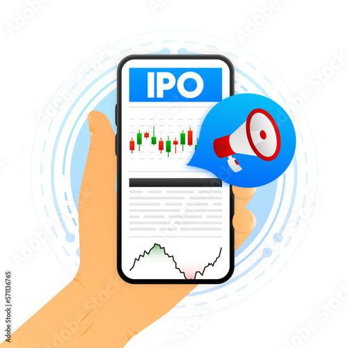 IPO concept. IPO is Initial Public Offering. Company go public in stock market. Investment new stock, businessman, trader, trading stock on IPO. Vector illustration.
