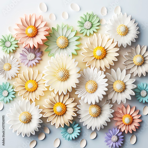 Background of daisy heads on the light background/ Top view. Floral pattern.