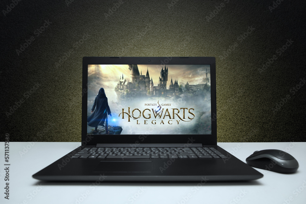 The Hogwarts Legacy computer game logo on laptop screen. Hogwarts