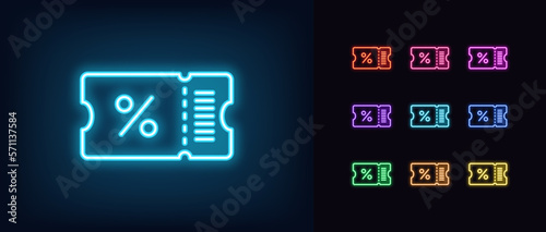 Outline neon discount ticket icon set. Glowing neon ticket frame with percentage sign, discount coupon pictogram. Digital pass sale, benefit offer, special price for festival and 0.event.