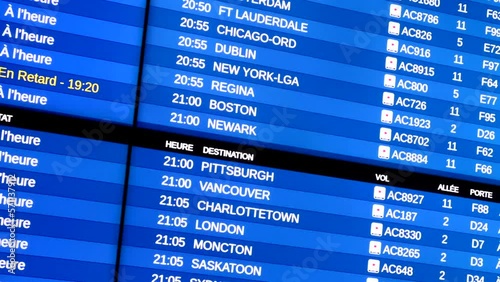 Flight information status display close up, airport departures and destinations photo