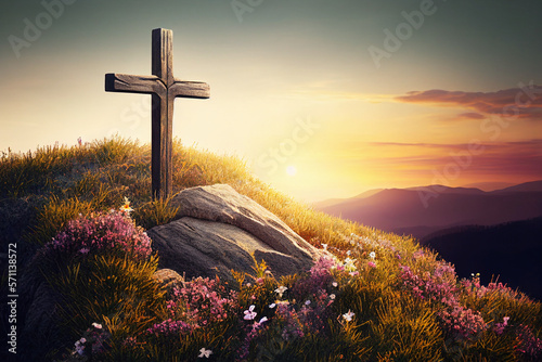 Fotografia Religious cross on hilltop with beautiful sunrise created with Generative AI