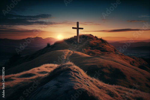 Wooden cross on hilltop with beautiful sunset created with Generative AI