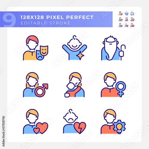 Personal characteristics pixel perfect RGB color icons set. Psychoanalytic theory. Anima and animus. Isolated vector illustrations. Simple filled line drawings collection. Editable stroke