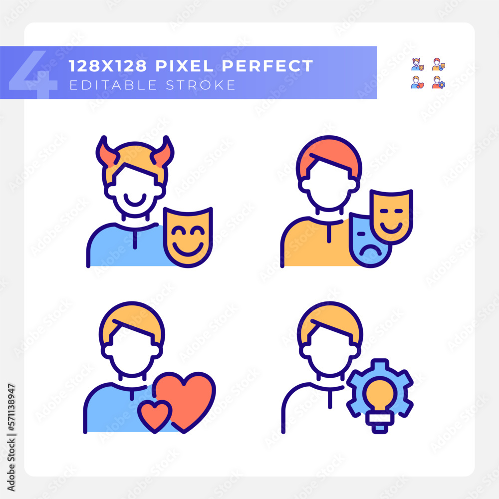 Personal traits pixel perfect RGB color icons set. Caregiver and creator. Personality. Psychoanalytic theory. Isolated vector illustrations. Simple filled line drawings collection. Editable stroke Personal traits pixel perfect RGB color icons set. Caregiver and creator. Personality. Psychoanalytic theory. Isolated vector illustrations. Simple filled line drawings collection. Editable stroke