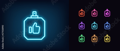 Outline neon best perfume icon set. Glowing neon parfum bottle frame with Like sign, perfume top quality. Favorite fragrance, aromatic water flacon, best flavor, quality aroma perfumery.
