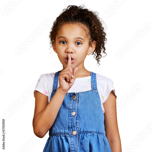 An innocent little girl standing with her finger on her lips. Happy and cute kid saying quiet, whisper or keep a secret isolated on a png background.
