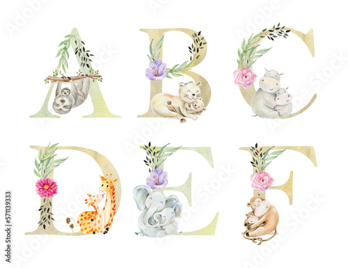 Photography Watercolor safari animals letters for invitation card, nursery poster and other