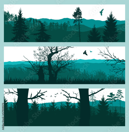 Horizontal blue graphic landscape. Set of different types of nature. Vector illustration