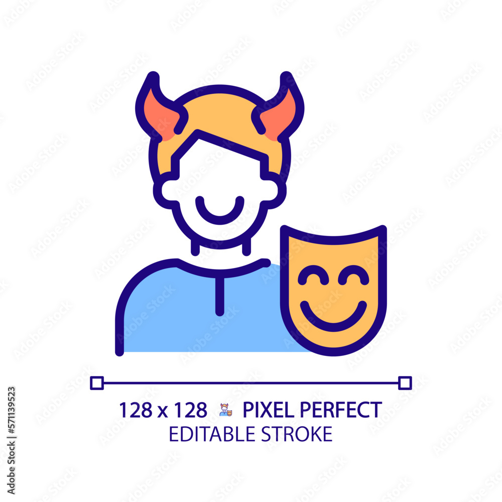 Trickster pixel perfect RGB color icon. Trick other people. Swindler. Literature character archetype. Psychoanalytic theory. Isolated vector illustration. Simple filled line drawing. Editable stroke