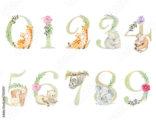 Wallpaper Mural Mom and baby animals. Watercolor numbers for invitation card, nursery poster and other. Torontodigital.ca