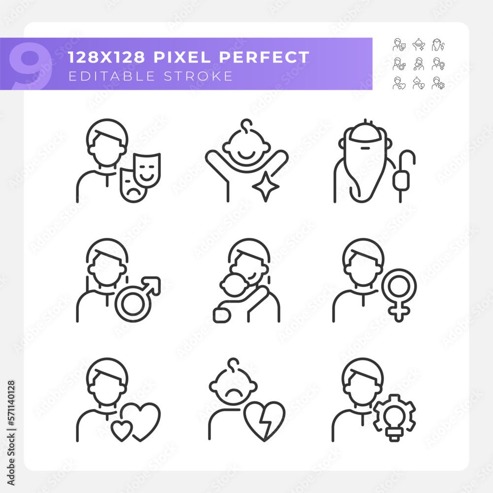 Personal characteristics pixel perfect linear icons set. Psychoanalytic theory. Anima and animus. Child, orphan. Customizable thin line symbols. Isolated vector outline illustrations. Editable stroke