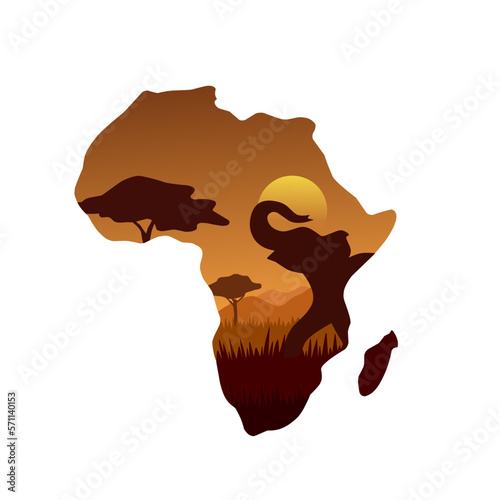 Ilustration of Africa Landscape Sunset Silhouette , Elephant in Orange tones
