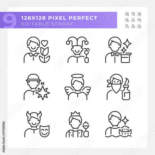 Personalities pixel perfect linear icons set. Psychoanalytic theory. Archetypes. Psychological classification. Customizable thin line symbols. Isolated vector outline illustrations. Editable stroke © bsd studio