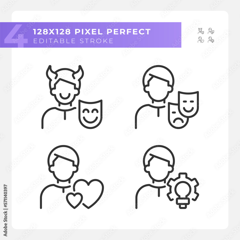 Personal traits pixel perfect linear icons set. Caregiver and creator. Personality traits. Psychoanalytic theory. Customizable thin line symbols. Isolated vector outline illustrations. Editable stroke Personal traits pixel perfect linear icons set. Caregiver and creator. Personality traits. Psychoanalytic theory. Customizable thin line symbols. Isolated vector outline illustrations. Editable stroke