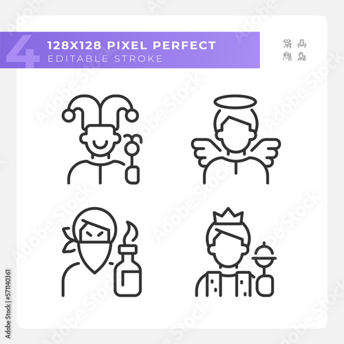 Literature archetypes pixel perfect linear icons set. Personality traits. Psychoanalysis. Powerful characters. Customizable thin line symbols. Isolated vector outline illustrations. Editable stroke