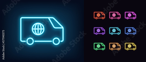 Outline neon delivery wagon icon set. Glowing neon minivan with globe sign, international delivery. Global auto courier shipment, worldwide distribution service, world express shipping.