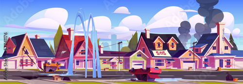 Destroyed derelict city street after war, earthquake, collapse, unrest. Old town landscape with houses and buildings ruins with boarded up windows and broken cars, vector cartoon illustration