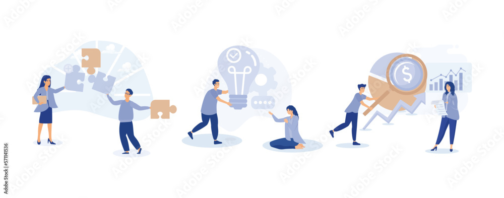 Creative characters and their business activity. People connecting puzzle pieces, generating new ideas, analyzing corporate data.set flat vector modern illustration