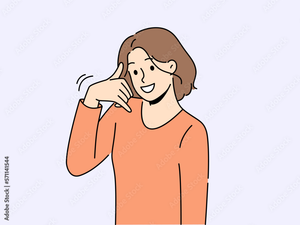 Smiling woman show call me hand gesture. Happy girl demonstrate callback ask to dial or make phone call. Body language. Vector illustration. Smiling woman show call me hand gesture. Happy girl demonstrate callback ask to dial or make phone call. Body language. Vector illustration.
