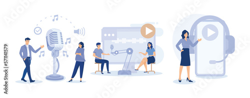 Podcast illustration set. Characters in radio studio speaking in microphone and recording audio podcast or live online interview. People listening audio on smartphone. set flat vector modern illustrat