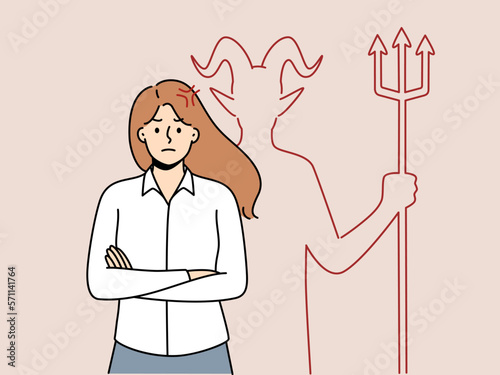 Angry businesswoman with devil behind back. Mad female employee or worker with evil inner self revealed. Vector illustration. 