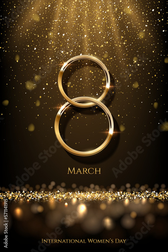 	
International Women's Day greeting card template. Vector golden number eight with text and confetti on gray background. 8 march luxury background