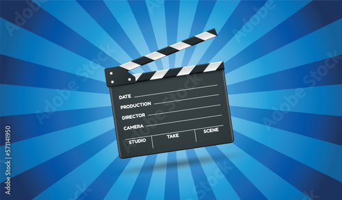 Open Director Clapboard Movie Clapperboard Vector Template - Isolated On Blue Sunburst Background