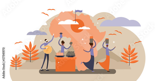 Africa illustration, transparent background. Flat tiny persons concept with classical continent landscape. Ethnic culture traditions with tourists. Vacation, holidays and adventure destination.