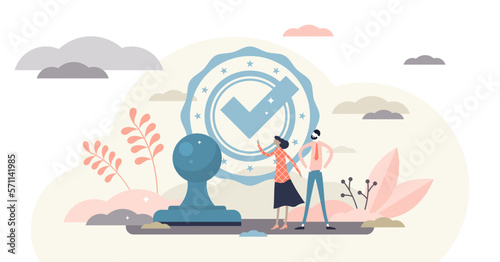 Approved check mark stamp concept, flat tiny person illustration, transparent background. Abstract quality and guarantee symbol scene. Stylized business validation sign.