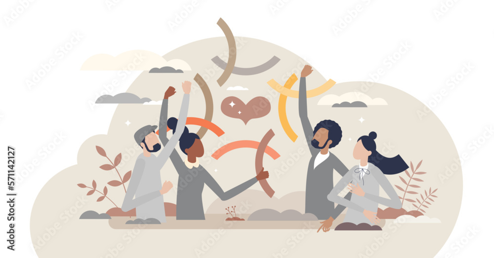 Community connection and various social group integration tiny person concept, transparent background. Society ethnic, cultural and racial bonding with solidarity and harmony illustration.