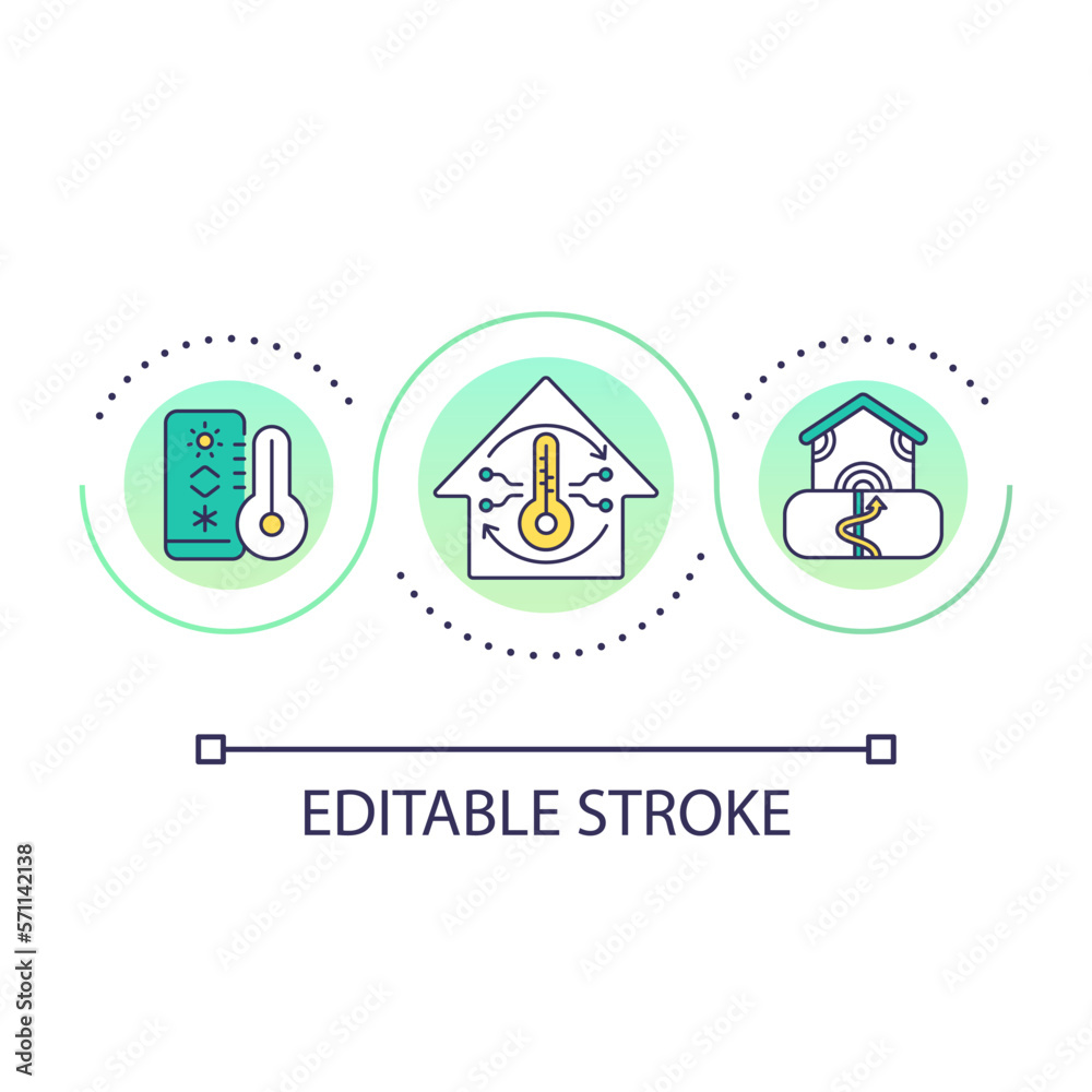 Heating system for home loop concept icon. Geothermal renewable energy. House pump system abstract idea thin line illustration. Isolated outline drawing. Editable stroke. Arial font used Heating system for home loop concept icon. Geothermal renewable energy. House pump system abstract idea thin line illustration. Isolated outline drawing. Editable stroke. Arial font used