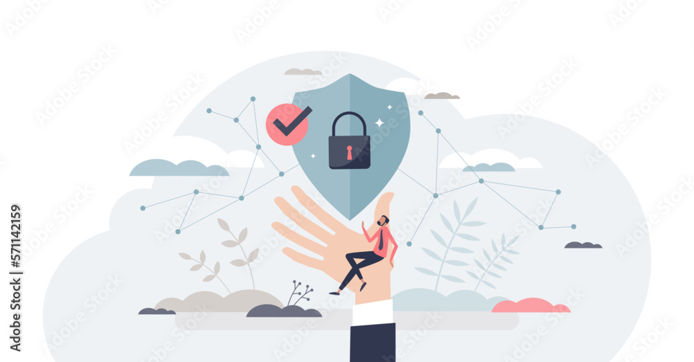 Cyber insurance with online internet danger protection tiny person concept, transparent background. Locked key and shield as security for personal data and information leaking illustration.