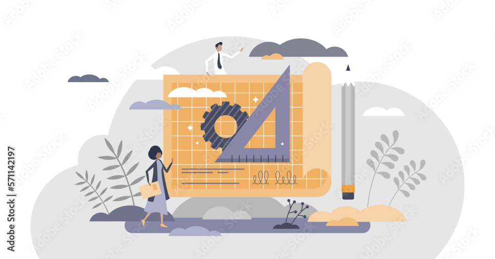 Engineering work as professional technical drawing study tiny person concept, transparent background. Machinery construction blueprint knowledge for urban projects illustration.