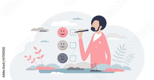 Client satisfaction survey as customer feedback review tiny person concept, transparent background. Experience opinion from consumer as choice for service or product illustration.