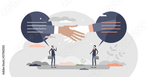Closing deal as business sale contract agreement moment tiny person concept, transparent background. Partners trade or purchase symbolic gesture as successful offer moment illustration.