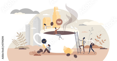 Coffee break and pause from work with hot cafe drink tiny person concept, transparent background. Time for relaxation with business colleagues and espresso illustration.