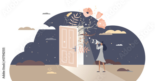 Curiosity and cognition with looking in unknown future tiny person concept, transparent background. Female exploring and observe process as standing with binoculars and view surroundings illustration.